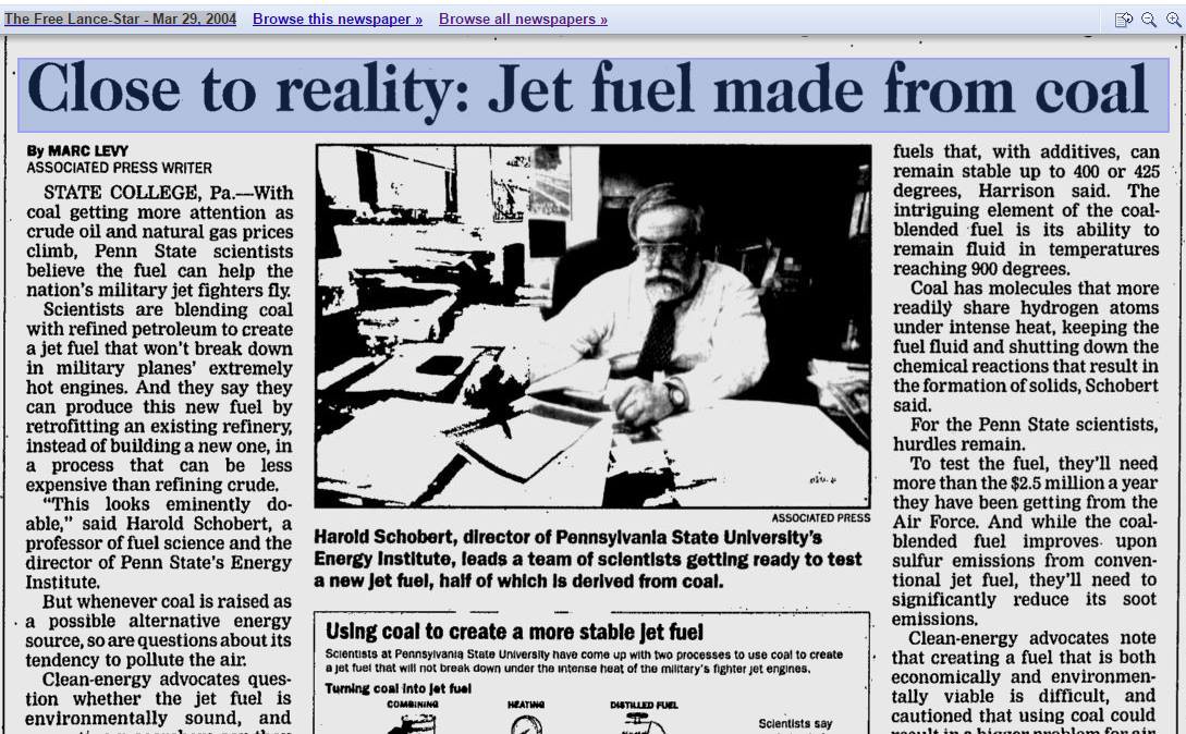 Jet Fuel Made From Coal