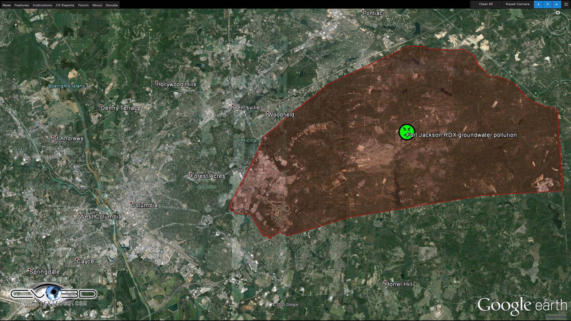 Fort Jackson, South Carolina and the state capitol, Columbia on ClimateViewer 3D