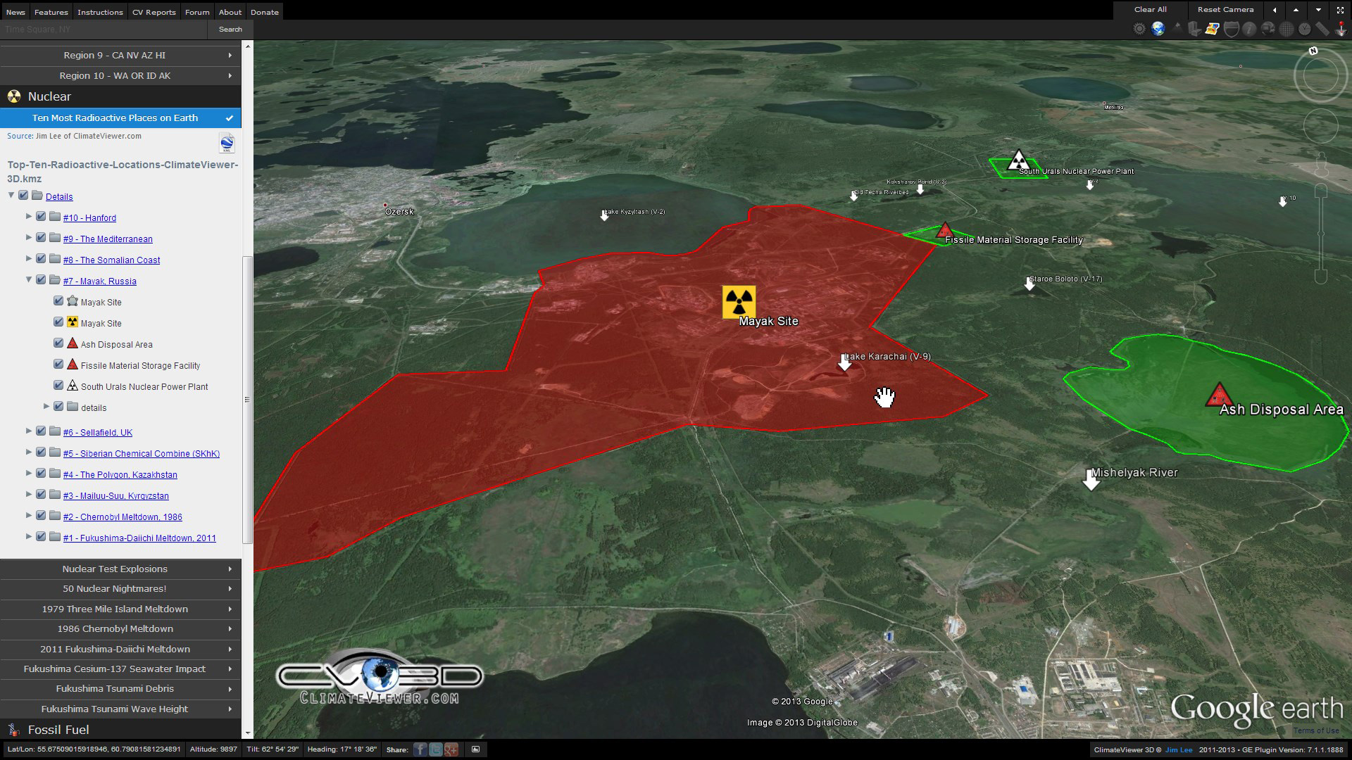 Mayak Chemical Combine Russland på ClimateViewer 3D