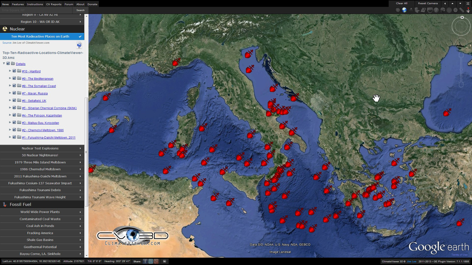 forlis og hendelser i Middelhavet, som involverer skip som er mistenkt for å ha fraktet giftig og radioaktivt avfall på ClimateViewer 3D