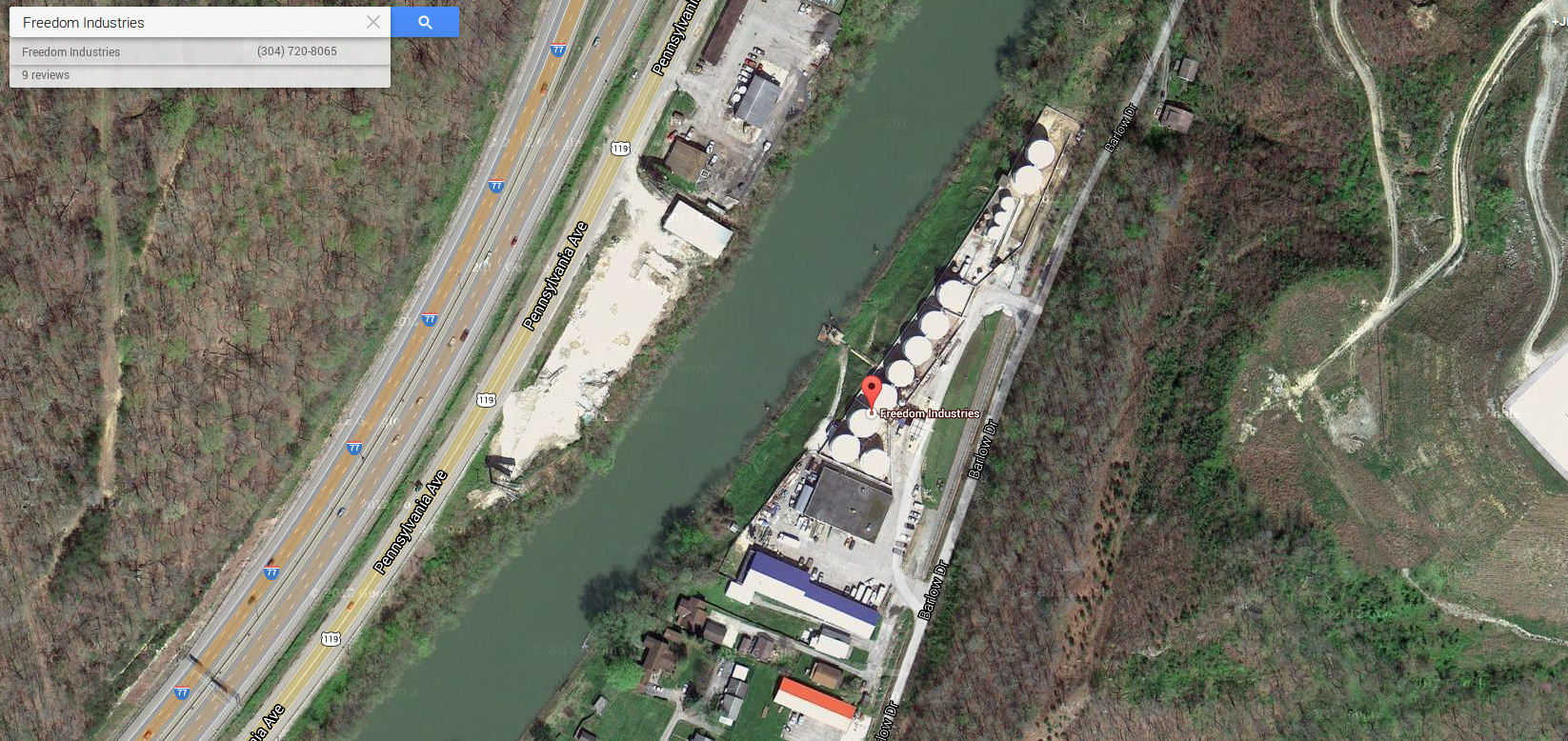 Freedom Industries - Charleston West Virginia 4-Methylcyclohexanemethanol spill January 2014 on Google Maps
