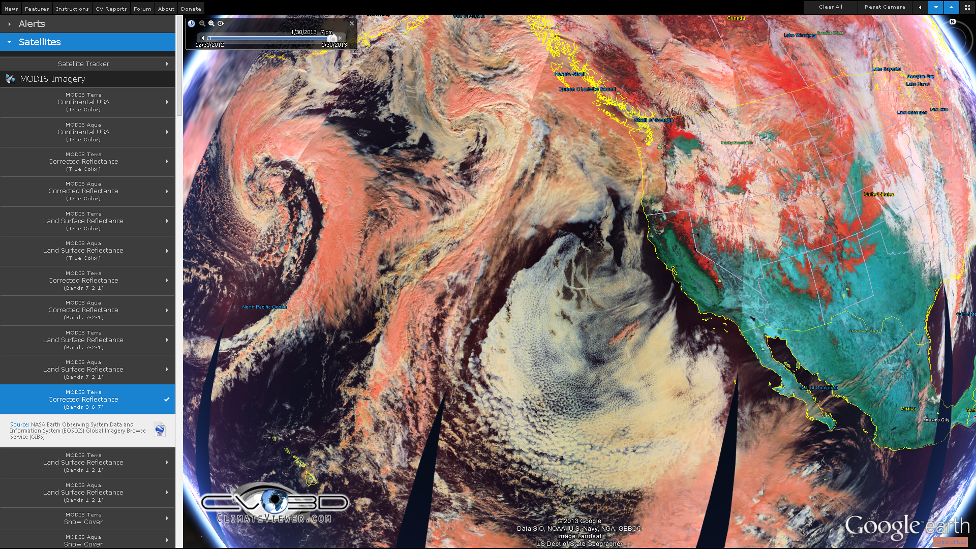 Skipsspor - MODIS Terra Corrected Reflectence Bands (3-6-7) - 30. januar 2014 Climate Viewer 3D climateviewer.com/3D/