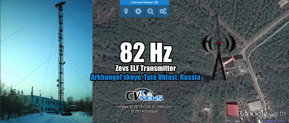Zevs, 82 Hz ELF-sender Arkhangel'skoye, Tula Oblast, Russland Beregninger utført på data samlet inn i 1990, viser oss også at 82 Hz Zevs ELF-senderen er 10 dB kraftigere enn den amerikanske marinen 76 Hz ELF-sendinger fra den doble WMT / MTF-nettsteder.