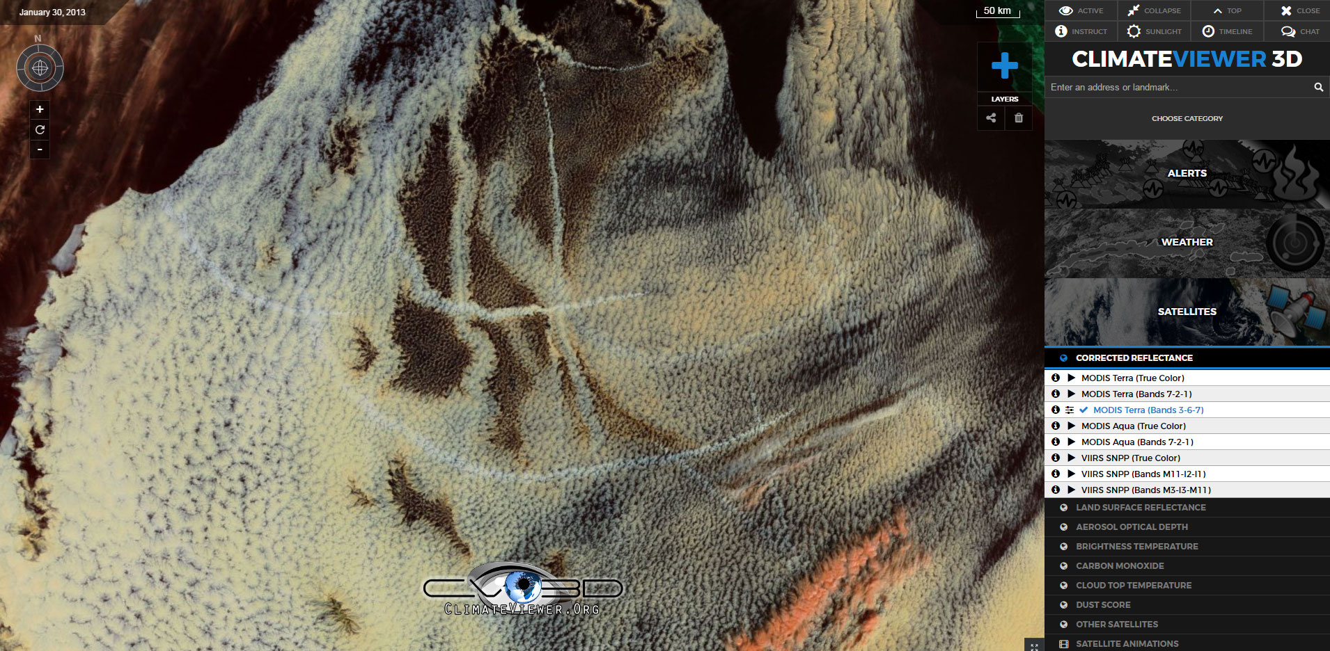 Ship tracks visible on MODIS Terra Corrected Reflectance 3-6-7 band - January 30, 2013, ClimateViewer 3D at climateviewer.org