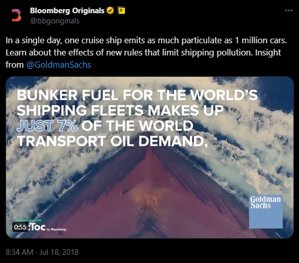 In a single day, one cruise ship emits as much particulate as 1 million cars. Learn about the effects of new rules that limit shipping pollution. Insight from @GoldmanSachs