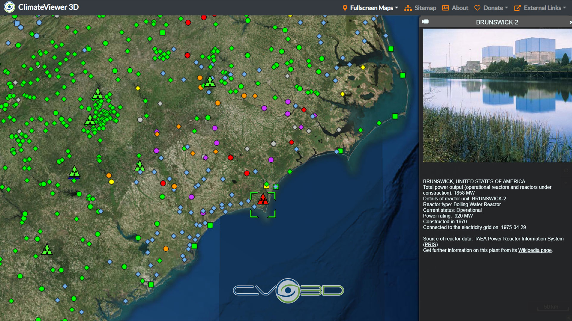 Flood map on ClimateViewer 3D showing Brunswick Nuclear Power Plant Flood map on ClimateViewer 3D showing Brunswick Nuclear Power Plant