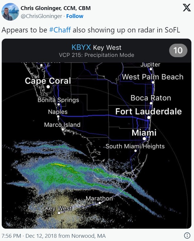 Appears to be #Chaff also showing up on radar in SoFL