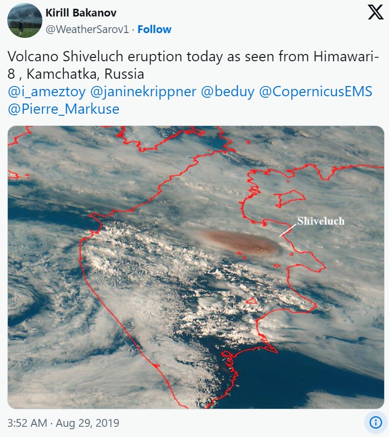 Volcano Shiveluch eruption today as seen from Himawari-8 , Kamchatka, Russia