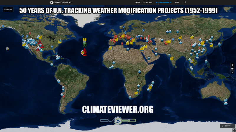 Kart over UN Tracking Weather Modification Projects (1952-1999)